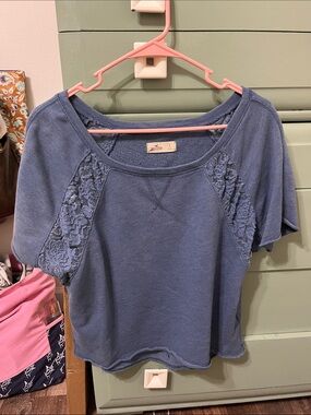 Hollister Dusty Blue Lace-Accent Short Sleeve Top
